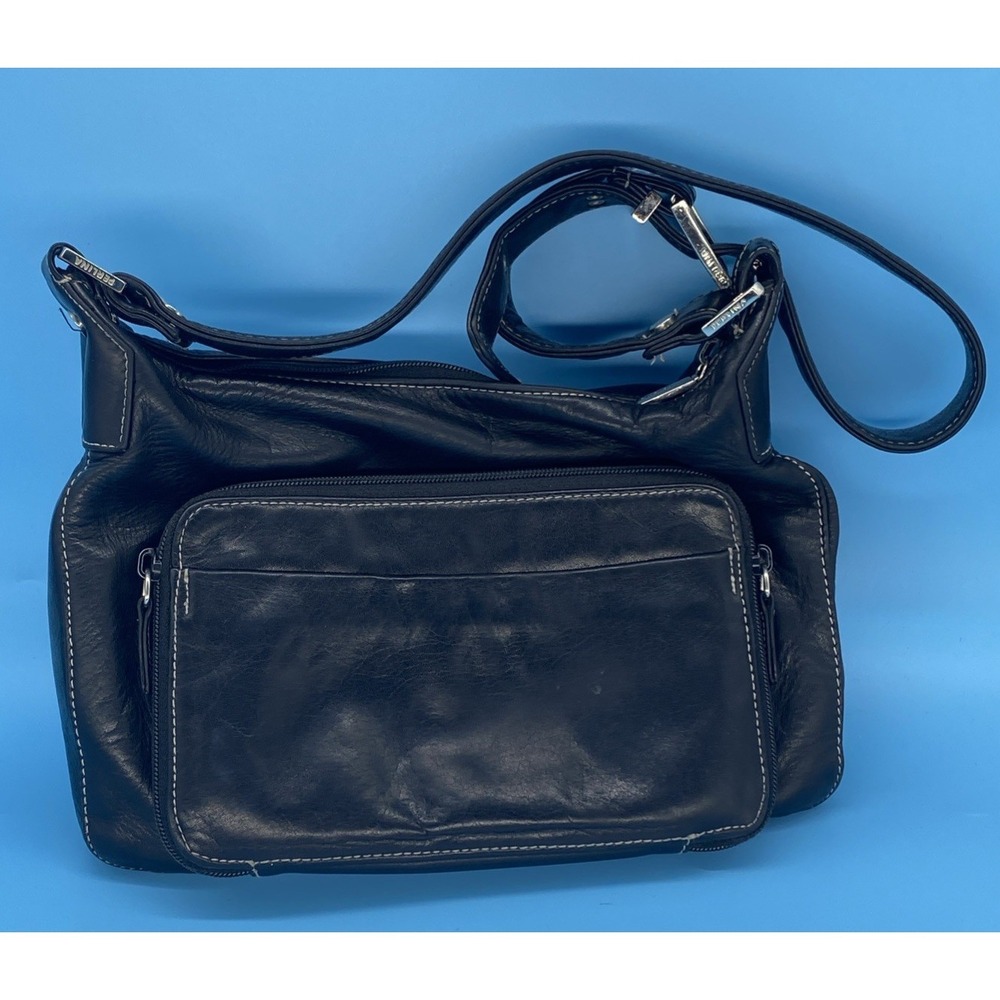 Perlina Black Leather Crossbody Organizer Bag Utility Multi Pocket Purse Vintage